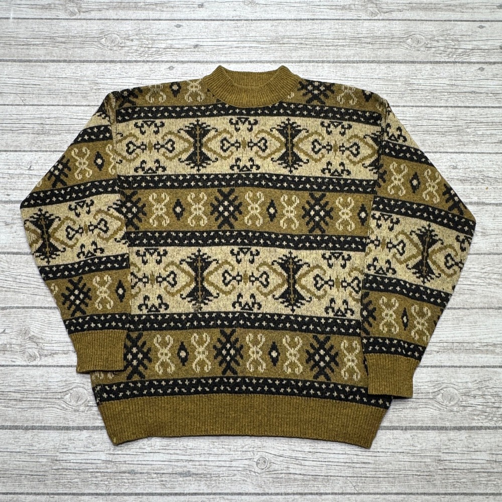Vintage Fair Isle Sweater Men's Medium Green Lambswool Geometric Knit Pullover